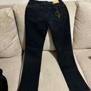 Baby Phat Blue and Gold Flare Wide Leg Jeans